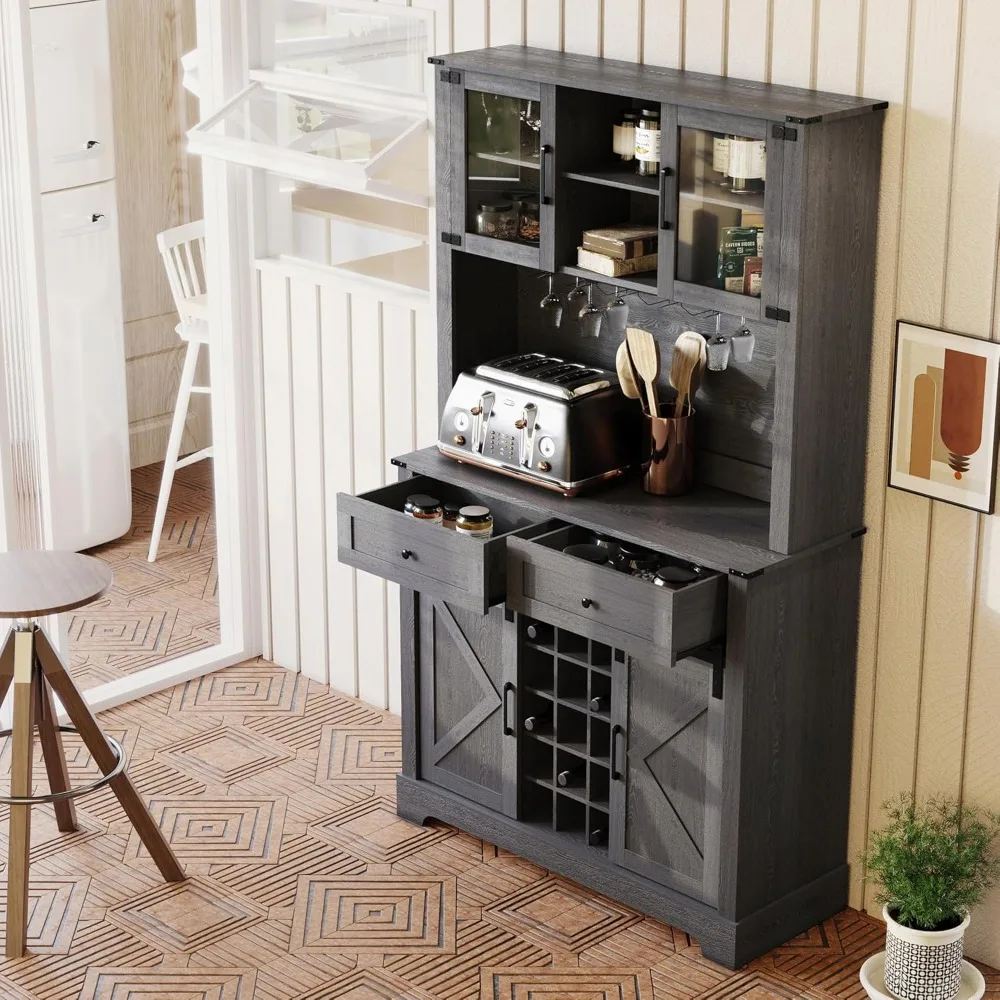 Wine Bar Cabinet with Sliding Barn Door, 72" Hutch Cabinet with Wine&Glasses Rack, Kitchen Pantry Buffet Cabinet with Drawers