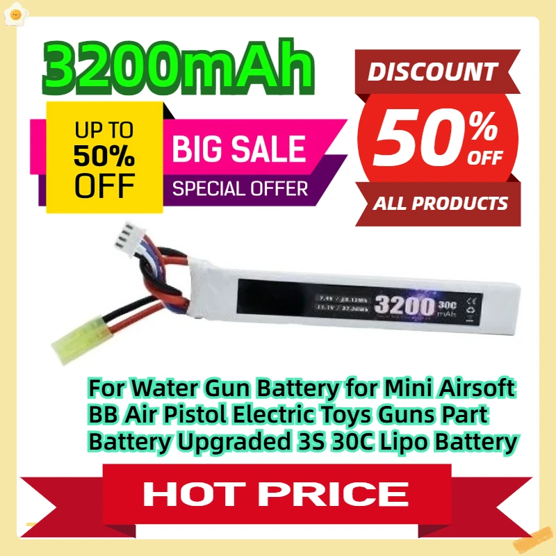 

For Water Gun Battery for Mini Airsoft BB Air Pistol Electric Toys Guns Part 11.1V 3200mAh Battery Upgraded 3S 30C Lipo Battery