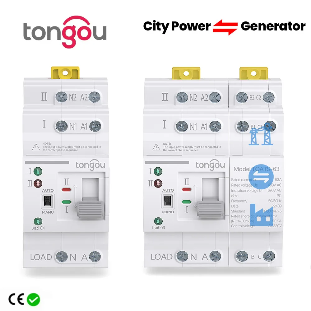 TONGOU Din Rail 2P 4P ATS Dual Power Automatic Transfer Switch Electrical Selector Switches Uninterrupted Power 110V 220V 63A