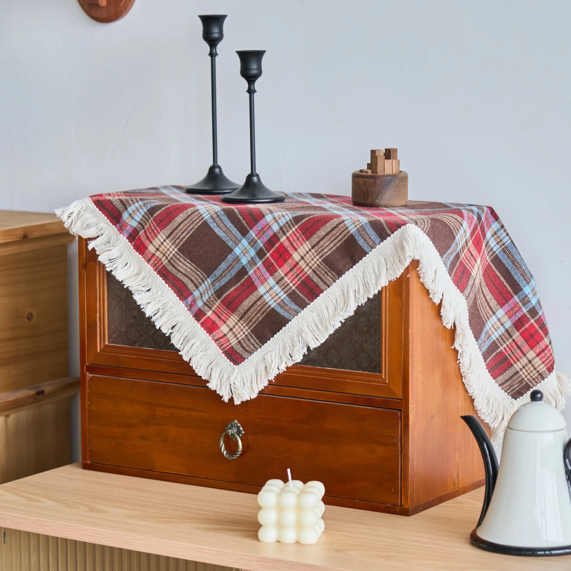 1pc White & Brown Striped Square Tablecloth - Adhesive Backing, Machine- Plaid Cover Cabinets, Coffee Tables, Dining Tables