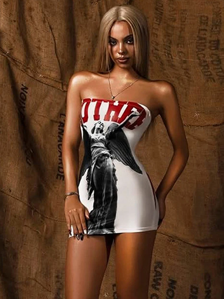 Insglas Wildes rückenfreies Minikleid mit modischem Druck für Damen, sexy, schulterfrei, ärmellos, Fit, Mitternachts-Pfirsich-Hüfte, heiße Mädchen-Stil-Outfits