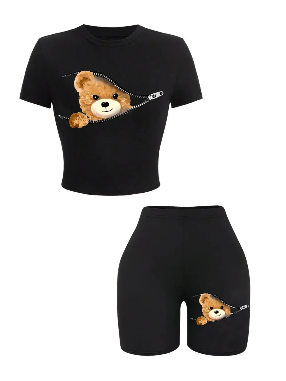 2 Pieces Set Women Slim Crop T-Shirts Shorts A Teddy Bear Emerged From The Zipper Prints Tops Sporty High Elastic Soft Clothes