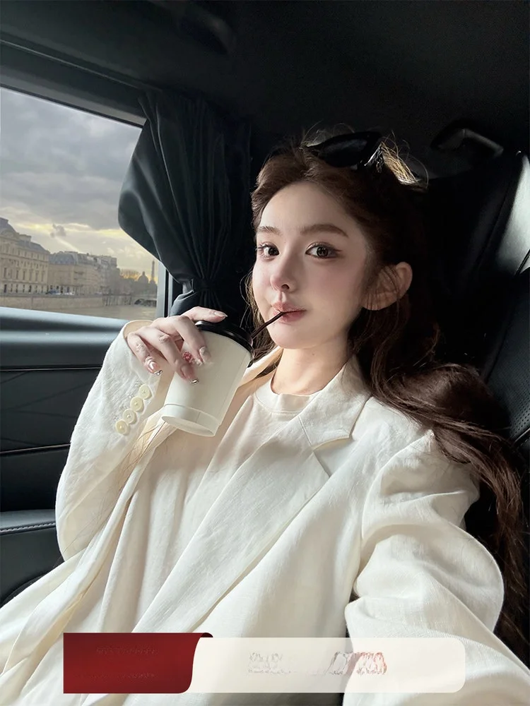 

Льняной тонкий белый жакет DoggyQin: летний свободный топ для женщин, повседневный модный однотонный лонгслив