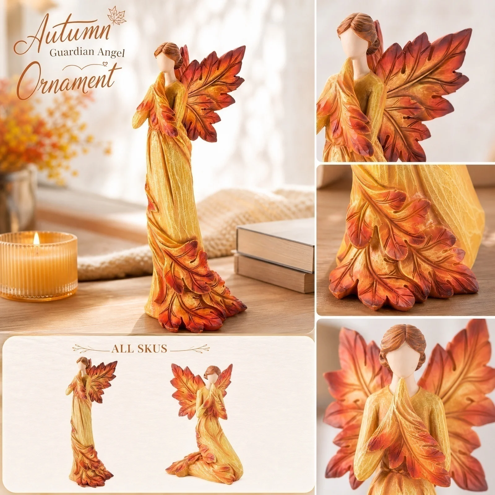 Elegant Fall Maple Leaf Angel Statue Desktop Ornaments Creative Resin Sculpture Suitable For Garden Home Office Decor