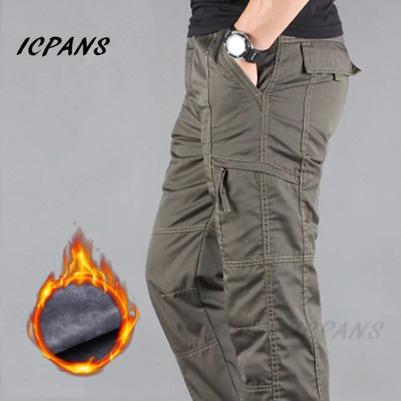 Fleece Work Cargo Pants Men Casual Thicken Trousers Military Tactical Army Black Winter Pants Men Side Zipper Pants