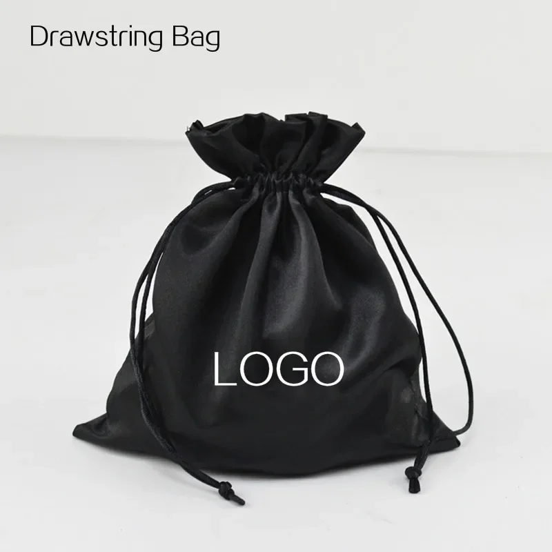 

Drawstring Bag Jewelry Pouch Black Satin Gift Sachet Wood Ear Pocket Hair Extensions Packaging Bags Manufacturer Custom Logo 50P