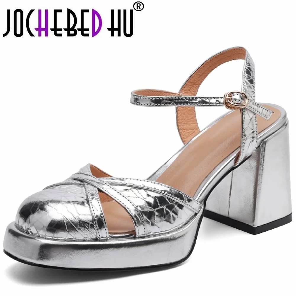 【JOCHEBED HU】Summer Women Genuine Leather Shoes Square Head  High Heel Waterproofing Platform Temperament Sandals For Female