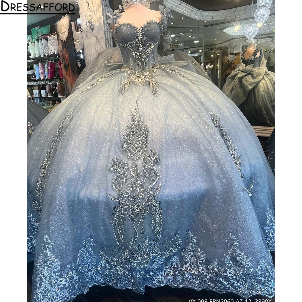

Glittering Blue Quinceanera Dresses Silver Beading Lace Appliques Vestidos De 15 Anos Birthday Party Customized