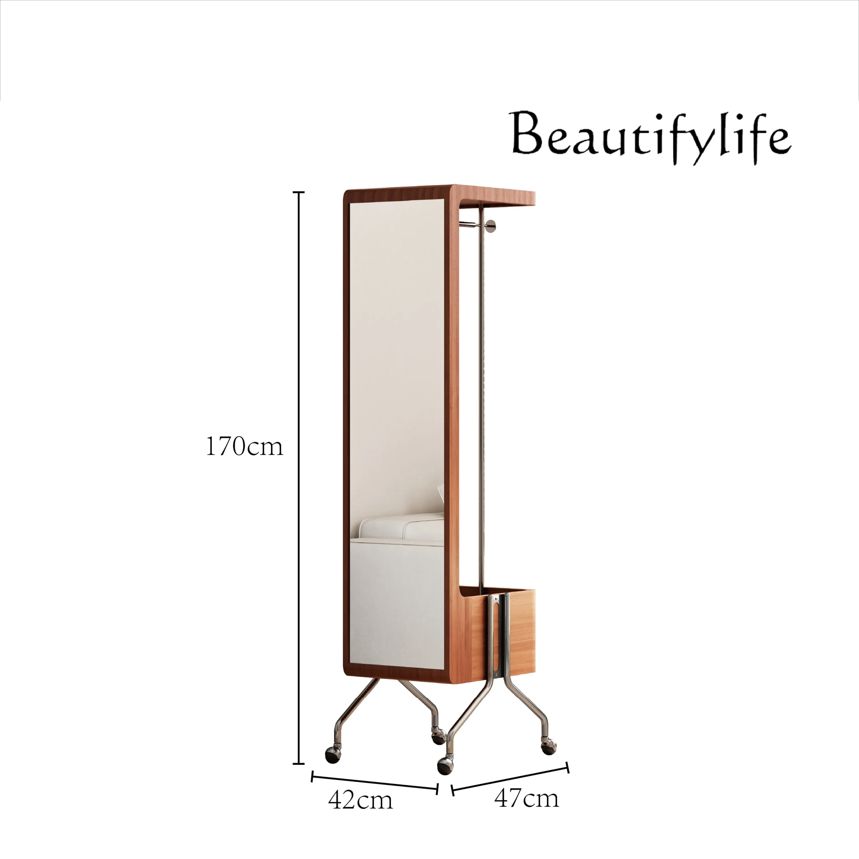 

Multi-function solid wood full body mirror floor mirror storage hanger small apartment mobile full-length mirror coat rack