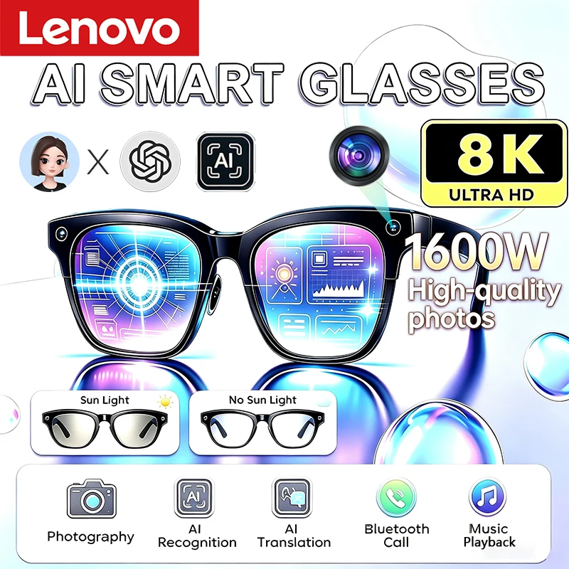 Lenovo AI Camera Glasses 8K 1600W Multi-functional Photochromic Smart Glasses Anti-shake Shooting Tech With 290mah Large Battery