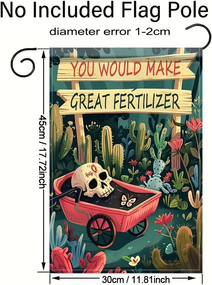 Funny Skull Garden Flag 12x18 Inch Double Sided for Outside Wheelbarrow Skull with Plants Yard Banner for Outdoor Lawn Patio GGO