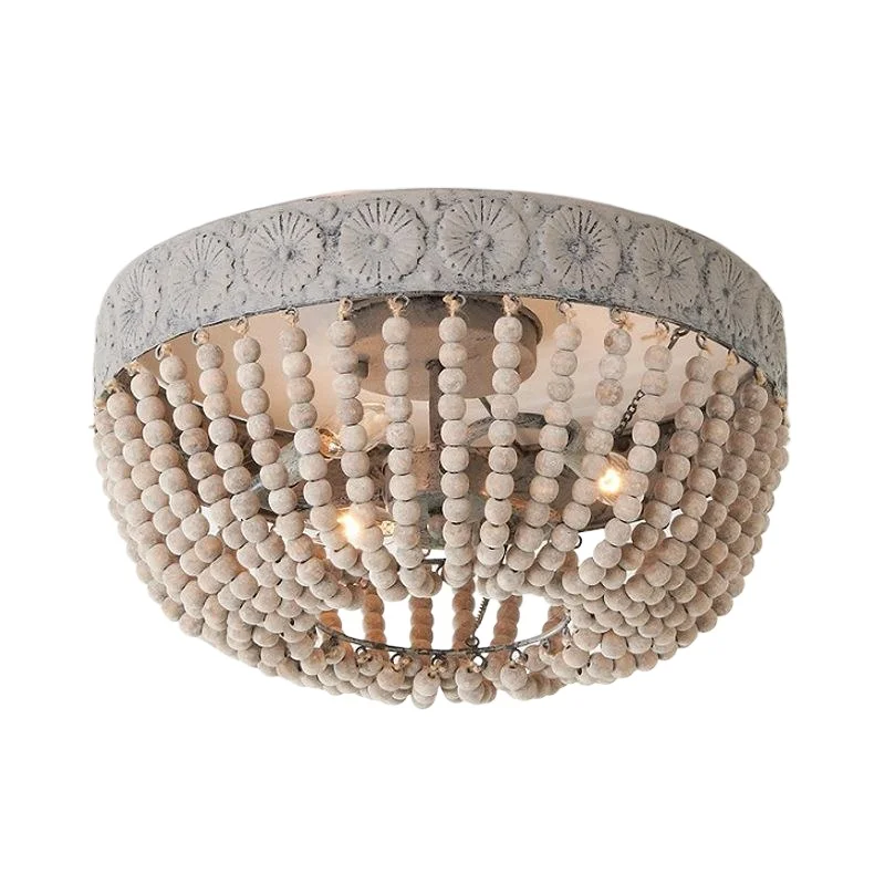 Rural Bohemian Style LED Ceiling Lights Hand Carved Wooden Beads Chandelier Living Room Bedroom Retro Decoration Hanging Lamps