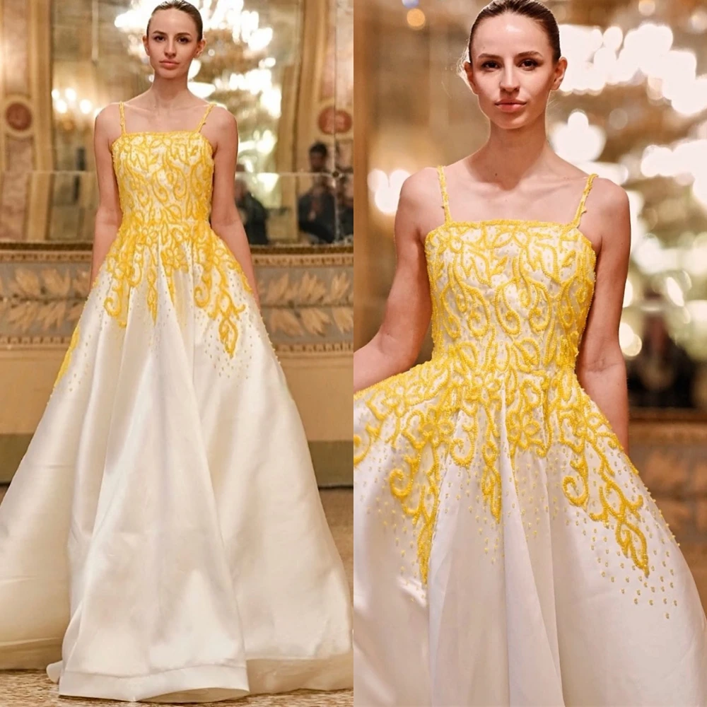 

Customized Temperament Square Collar Evening Dress Delicate Satin Appliques Homecoming Dress Modern Chapel Train Prom Dress