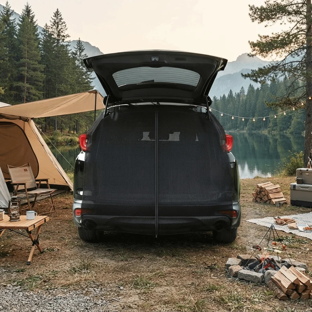 Ventilated Magnetic Car Trunk Mosquito Net Sunshade Insect Proof SUV Tailgate Mesh Screen Fine Mesh Two-way Zipper