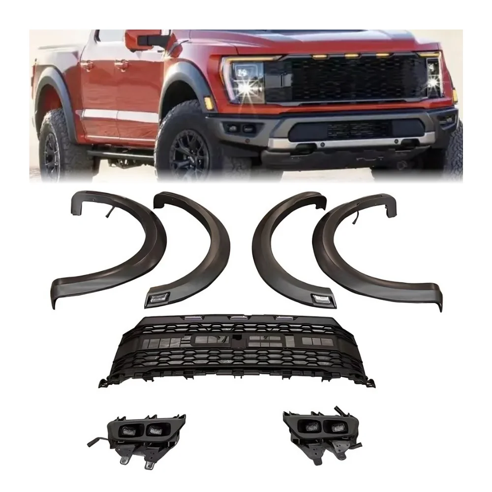 F150 2021 Black ABS Front Bumper Grille Upgrade Raptor Style With Letters And LED Lights Honeycomb Mesh For Ford