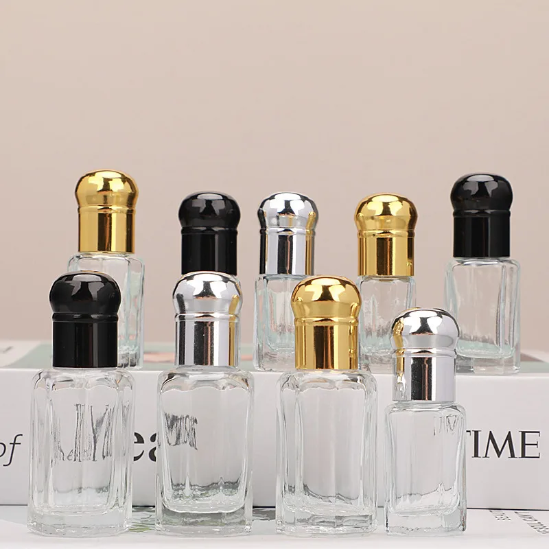 3ML Flat Head Clear Glass Roll Ball bottle octagonal Glass with Gold Silver Black  Metal Cap  Glass roll-on bottles