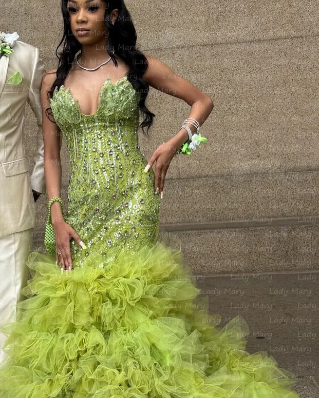 Gorgeous Green Prom Dresses Crystal Beading Mermaid Ruffle Tulle Girl Graduation Birthday Party Gowns Rich Black Girl Customized