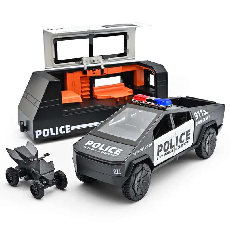 

Tesla RV alloy car model regenerative sound and light police car model fire drill props parent-child interactive toys boys'
