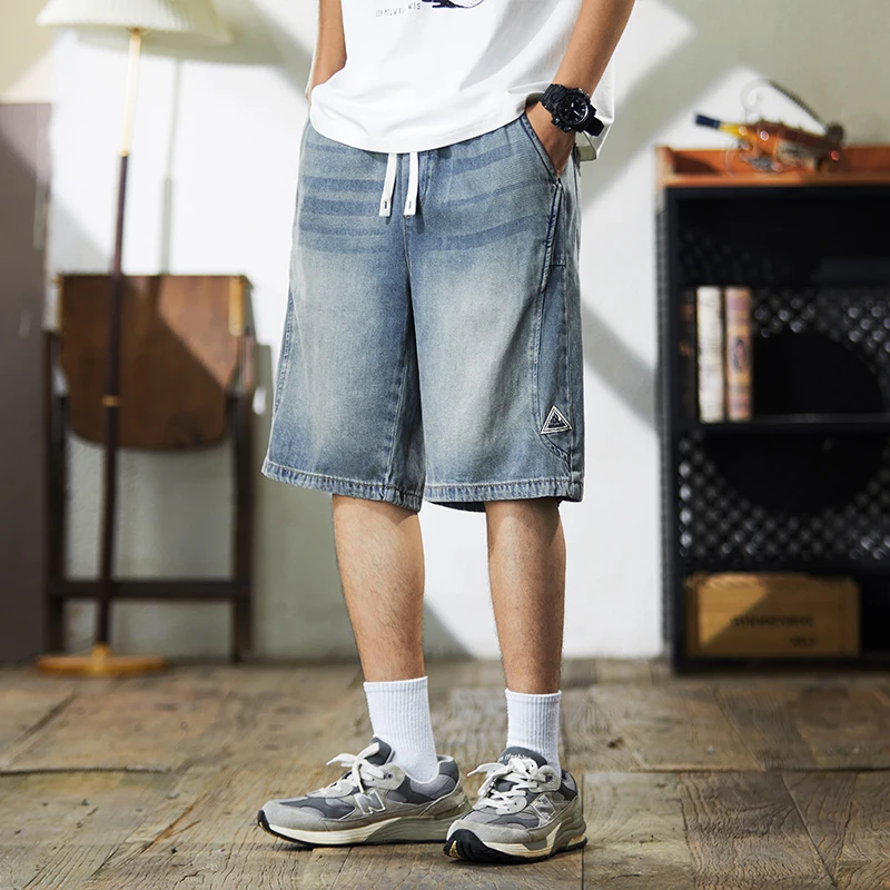 

XY9941 Summer new denim shorts men loose straight thin section elastic waist drawstring splicing casual shorts