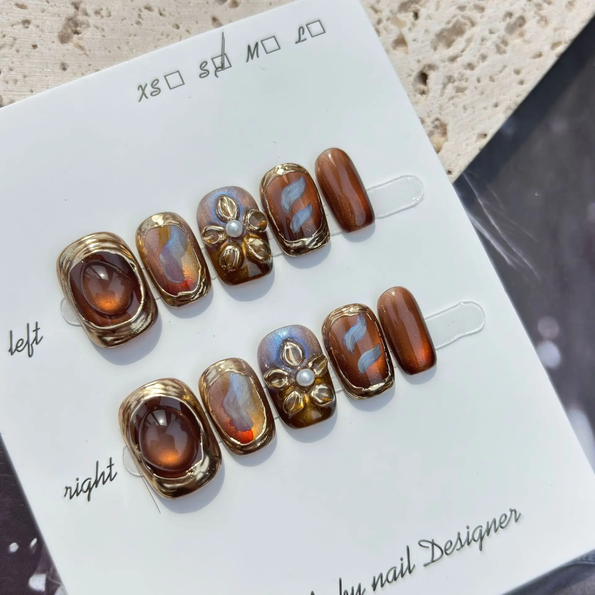 

10 шт., накладные ногти ручной работы с цветочным принтом розового золота, волшебное зеркало, цветок, накладные ногти для женщин и девочек, короткие съемные носимые накладные ногти