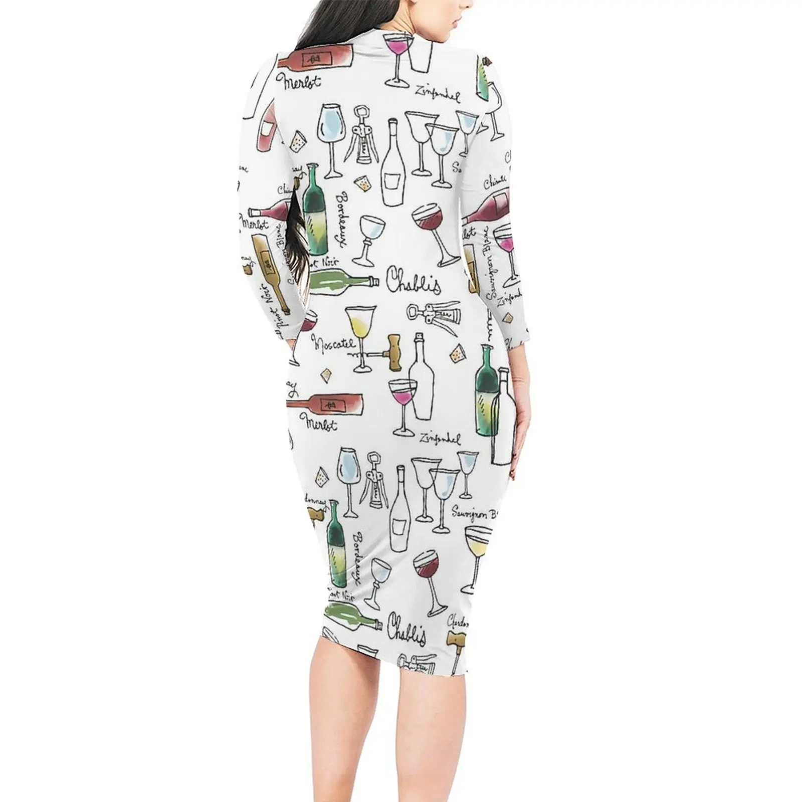 Taste Of Wine Bodycon Dress Ladies Various Wines Sexy Dresses Autumn Long Sleeve Aesthetic Pattern Dress Large Size 5XL 6XL