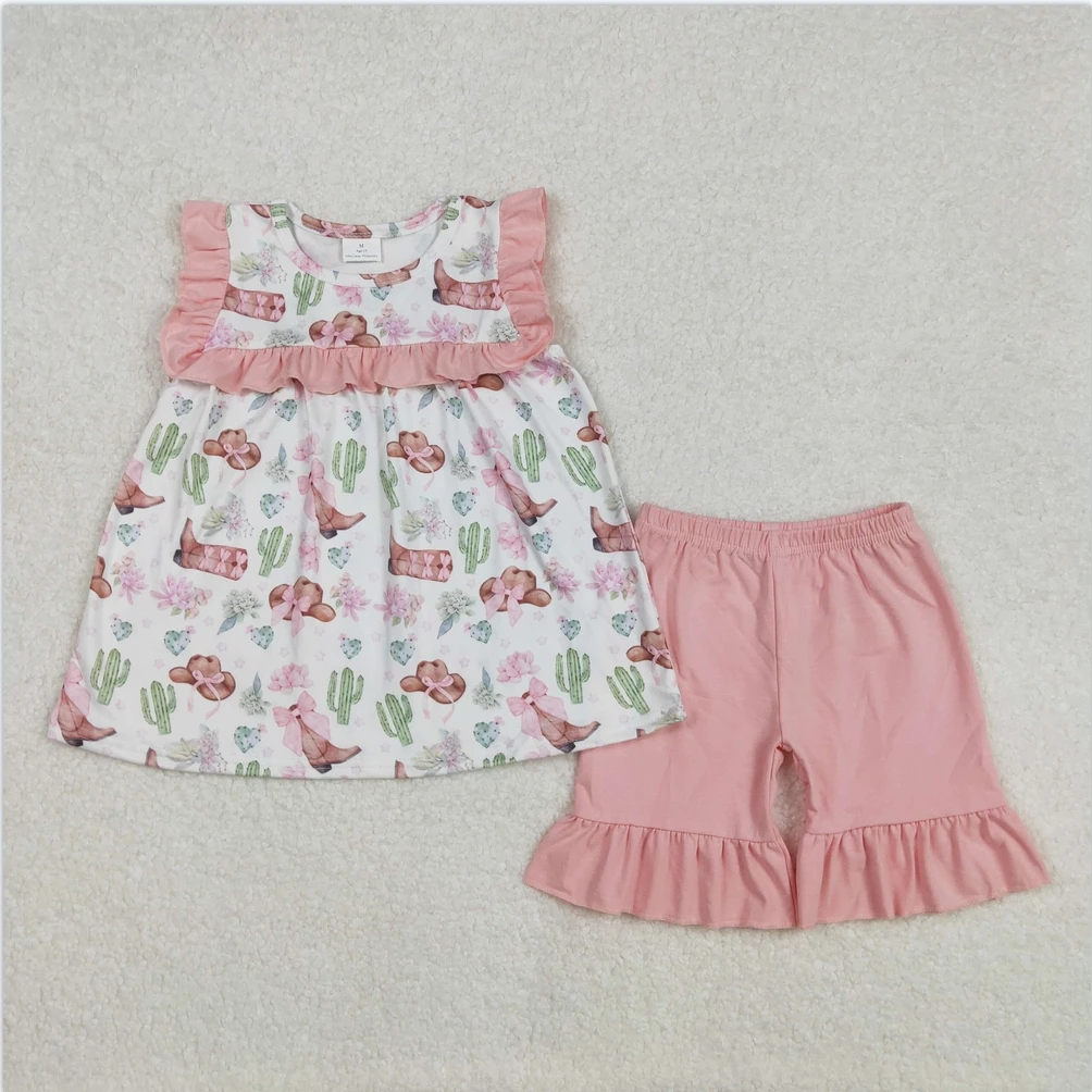 

New Kid Girls Outfits Fashion Summer Baby Girls Western Boots Castus Flowers Tunic Shorts Set 2 Pieces Sets Toddler Kids Clothes