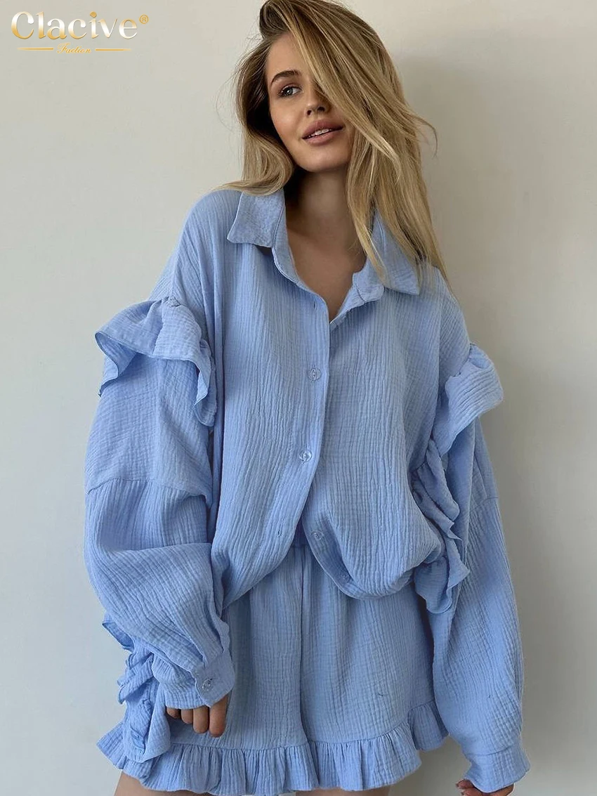 

Clacive Fashion Loose Blue Cotton 2 Piece Sets Women Outfit 2024 Elegant Long Sleeve Blouse With High Waist Ruffle Shorts Set