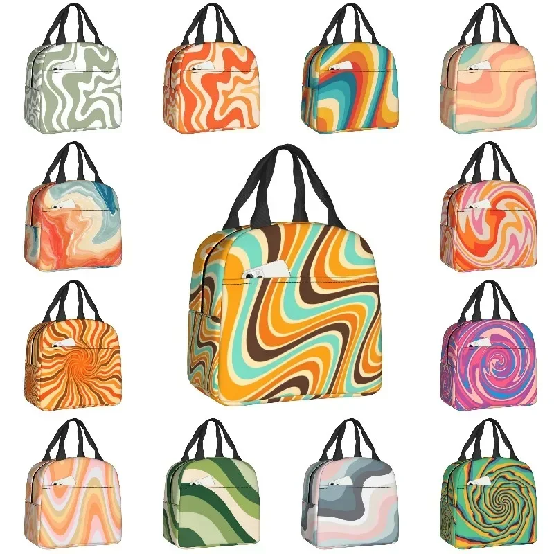 Psychedelic Aesthetic Lunch Bag Abstract Geometric Swirls Cooler Thermal Insulated Lunch Box for Women Work School Food Tote Bag