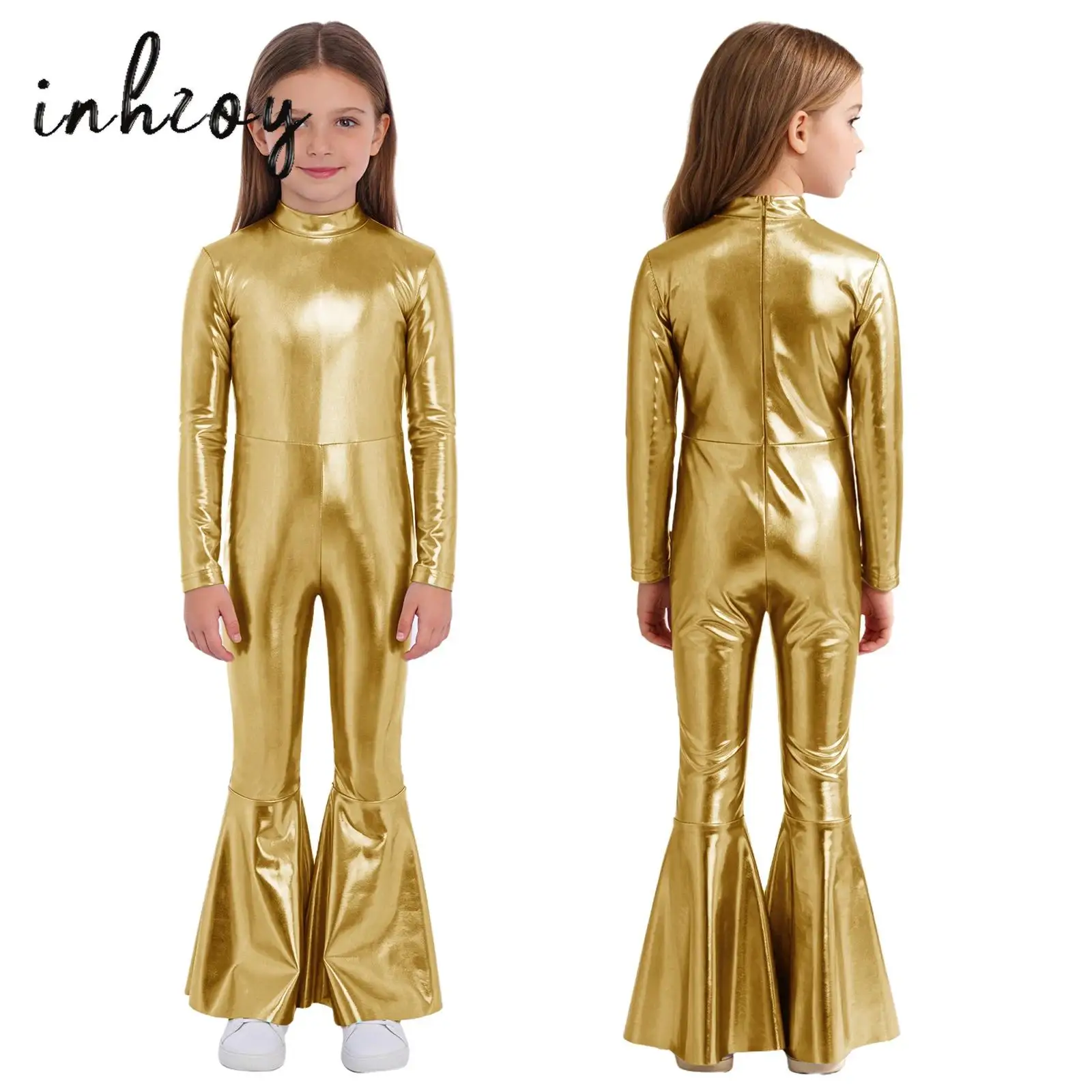 

Shiny Halloween Hippie Costume for Kids Girls Metallic Jazz Hip Hop Disco Outfit 70s 80s Prom Flare Jumpsuit Party Costume