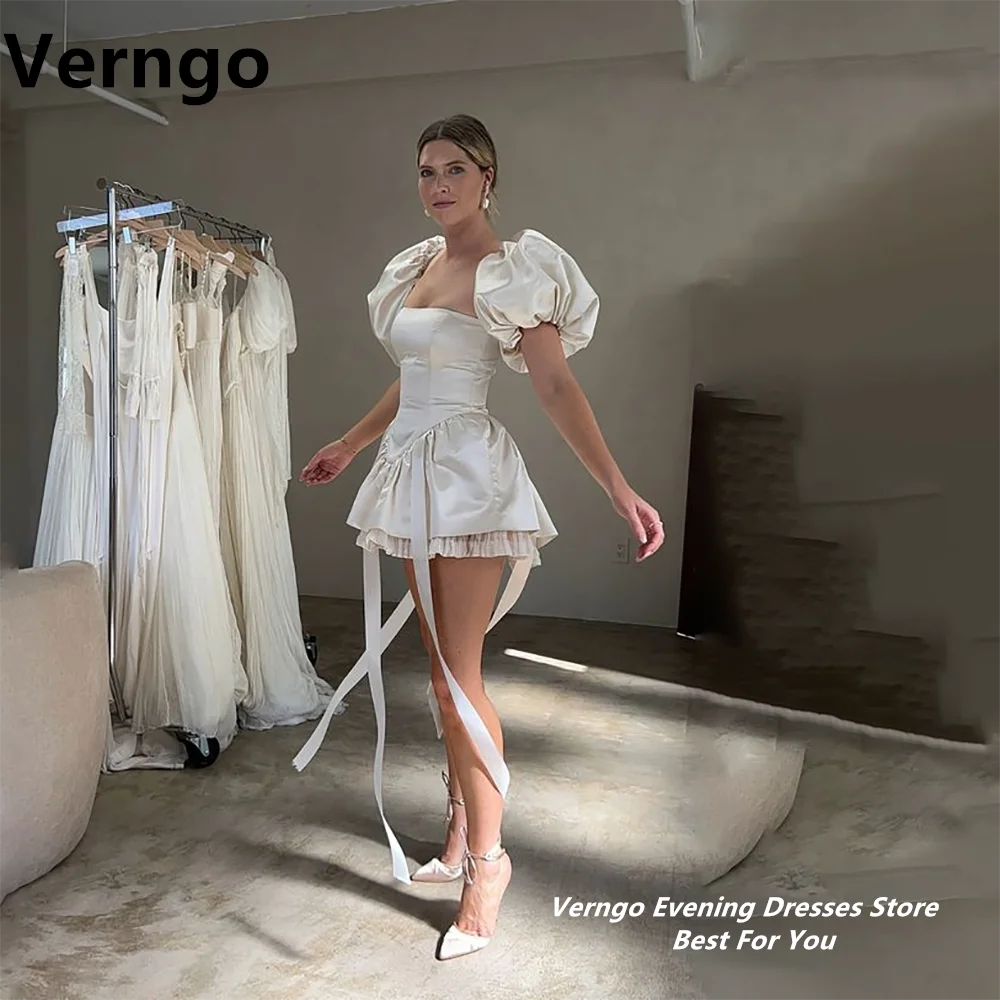 

Verngo Short Puff Sleeveless A Line Square Collar Mini Prom Gown Bone Simple Satin Dress For Prom Cute Evening Dress