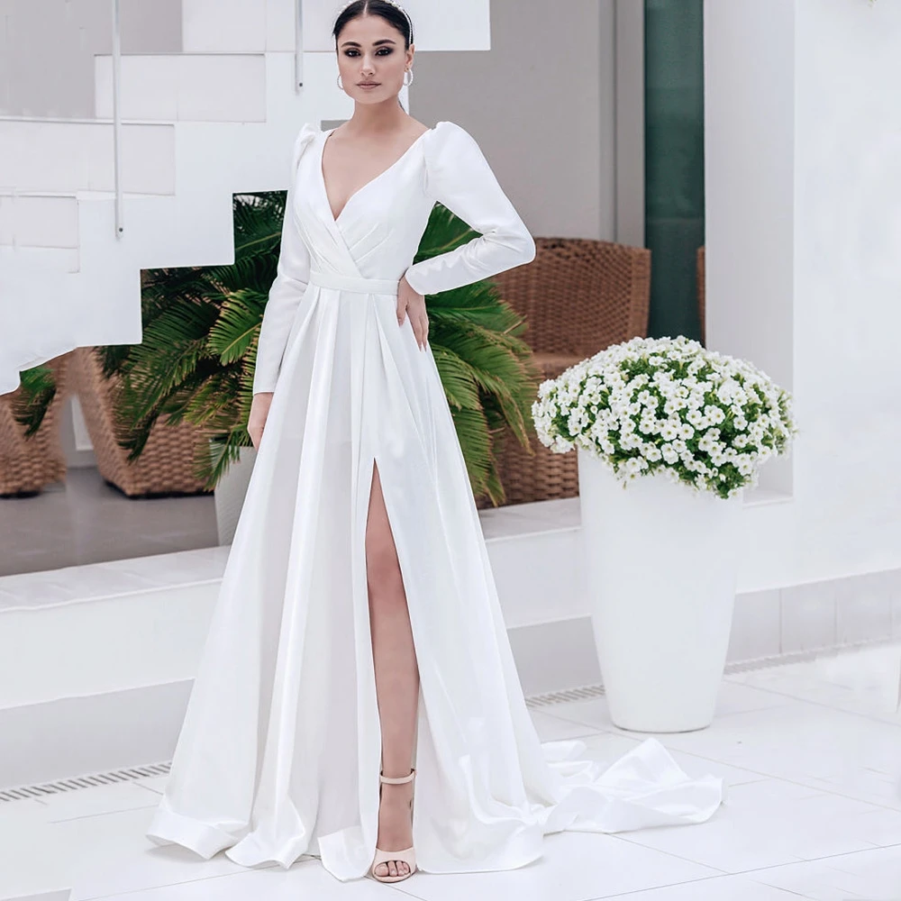 Elegant Wedding Dress V-Neck Long Sleeve Grab Pleated Belt High-end Sexy Side Slit Open Back and Floor Length Bridel Formal Gown