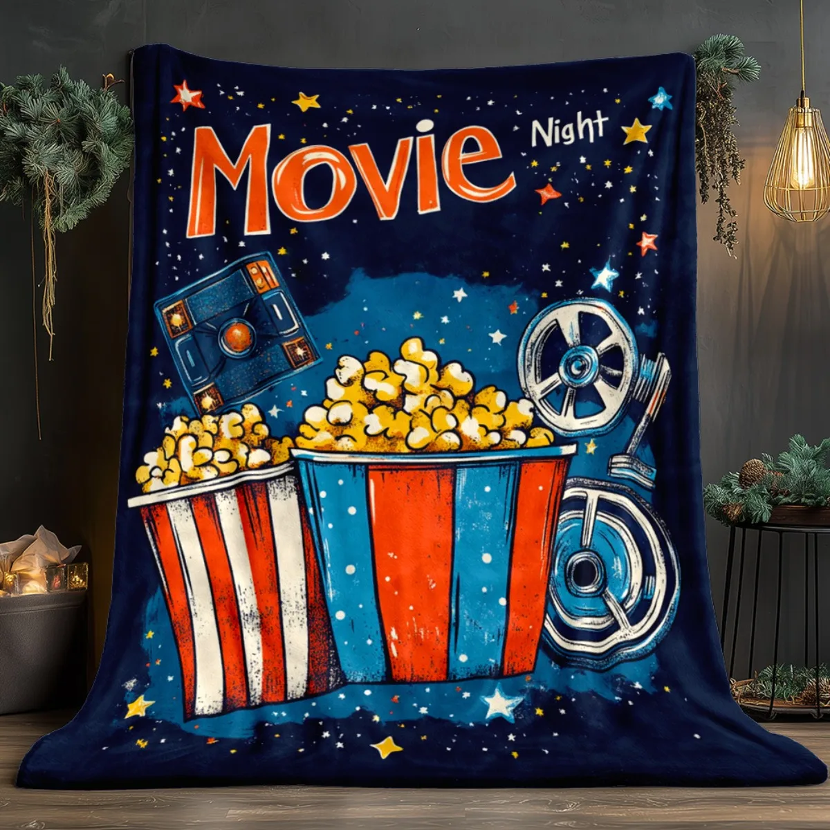 Movie Night Popcorn Cinema Reel Theater Theme Fleece Blanket Fun Film Party Decor Kids Adult Gift Soft Cozy Bedding Movie Lovers