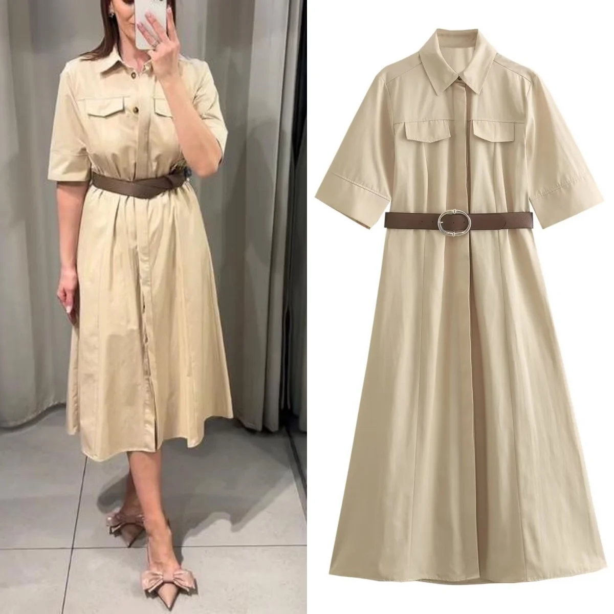 

TRAF Shirt Collar Long Dress Women's Belted Midi Dress Women's Short Sleeve Casual Party Dress 2024 Summer New Fashion