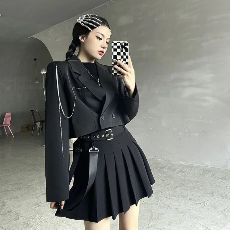 Pleated Skirt Suit Women Korean Fashion Long Sleeve Coat Mini