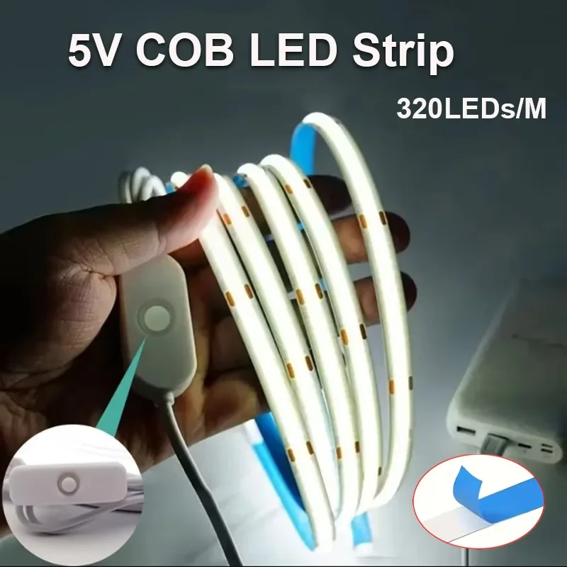 Flexible and Even Cob Led Strip Light - 3000/4000/6000K, with Physical Button Switch, Self-Adhesive, Easy to Install, Suitable for Cabinets, Home Decor, DIY Lighting, and Office Decoration