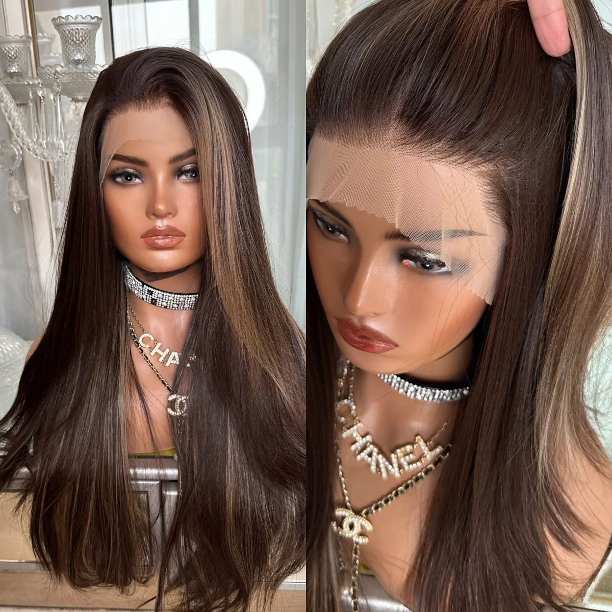 

22 Inches Dark Chestnut Brown Highlights Synthetic 13*4HD Invisible Lace Frontal Wigs Natural Straight Soft Glueless Wigs Female