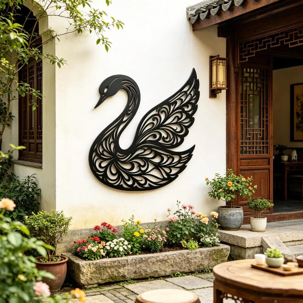 Flat Ornate Swan Metal Wall Art, Laser‑Cut Iron Silhouette, Powder‑Coated Rust‑Resistant Elegant Filigree Wall Decor