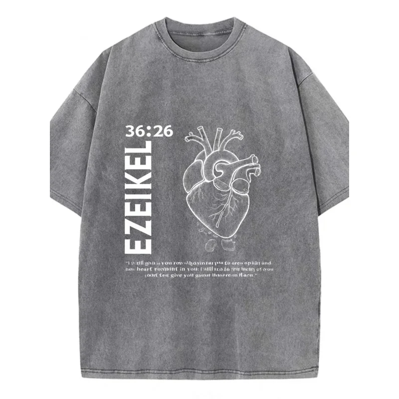 تي شيرت رجالي مغسول رمادي داكن طباعة تشريح القلب وZEKIEL 36:26 نص عالي الجودة 100% قطن 230 جرام