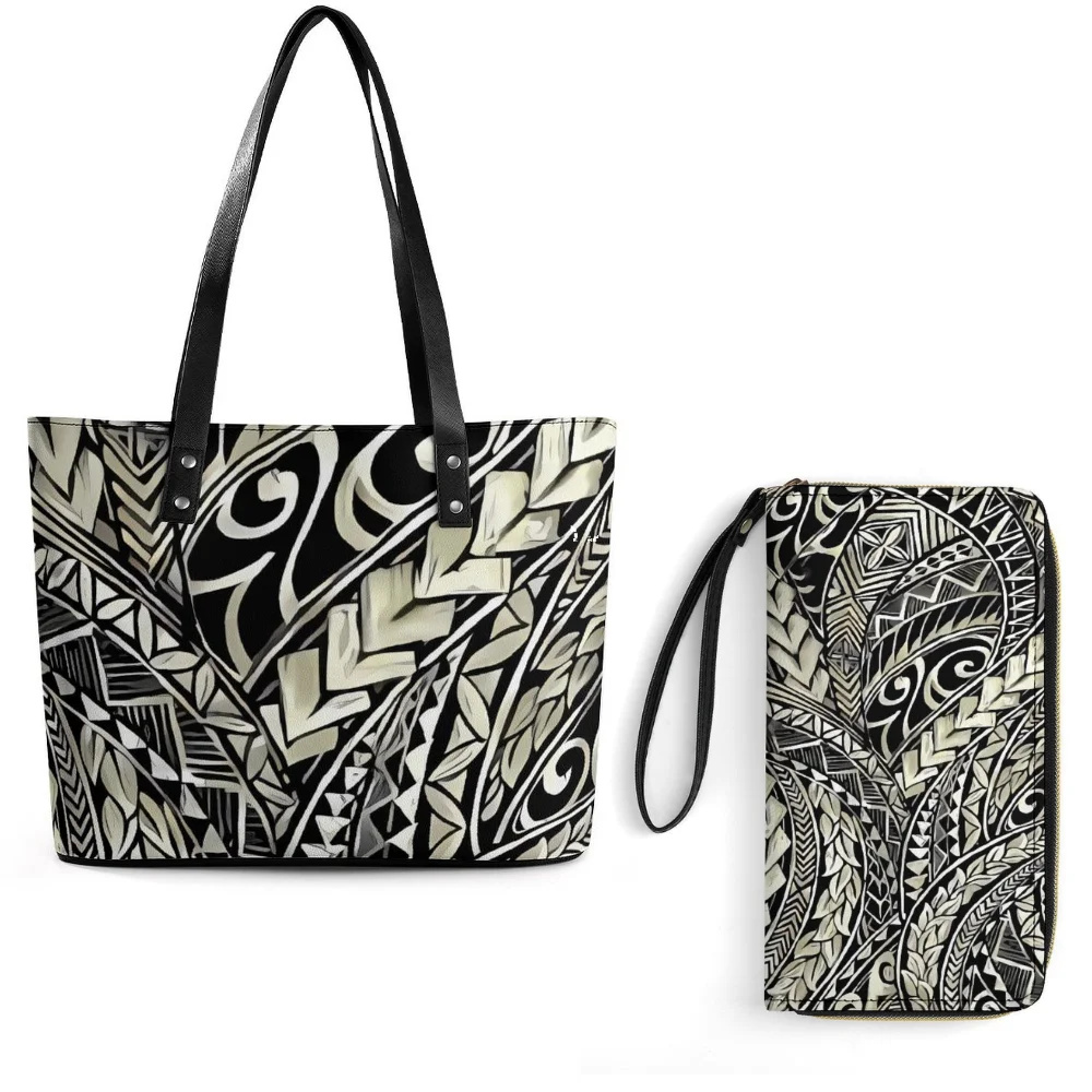 

Custom Pacific Island Womens Leather Bag 2 Piece Set Polynesian Grain Retro Art Design Handbag Purse High Quality