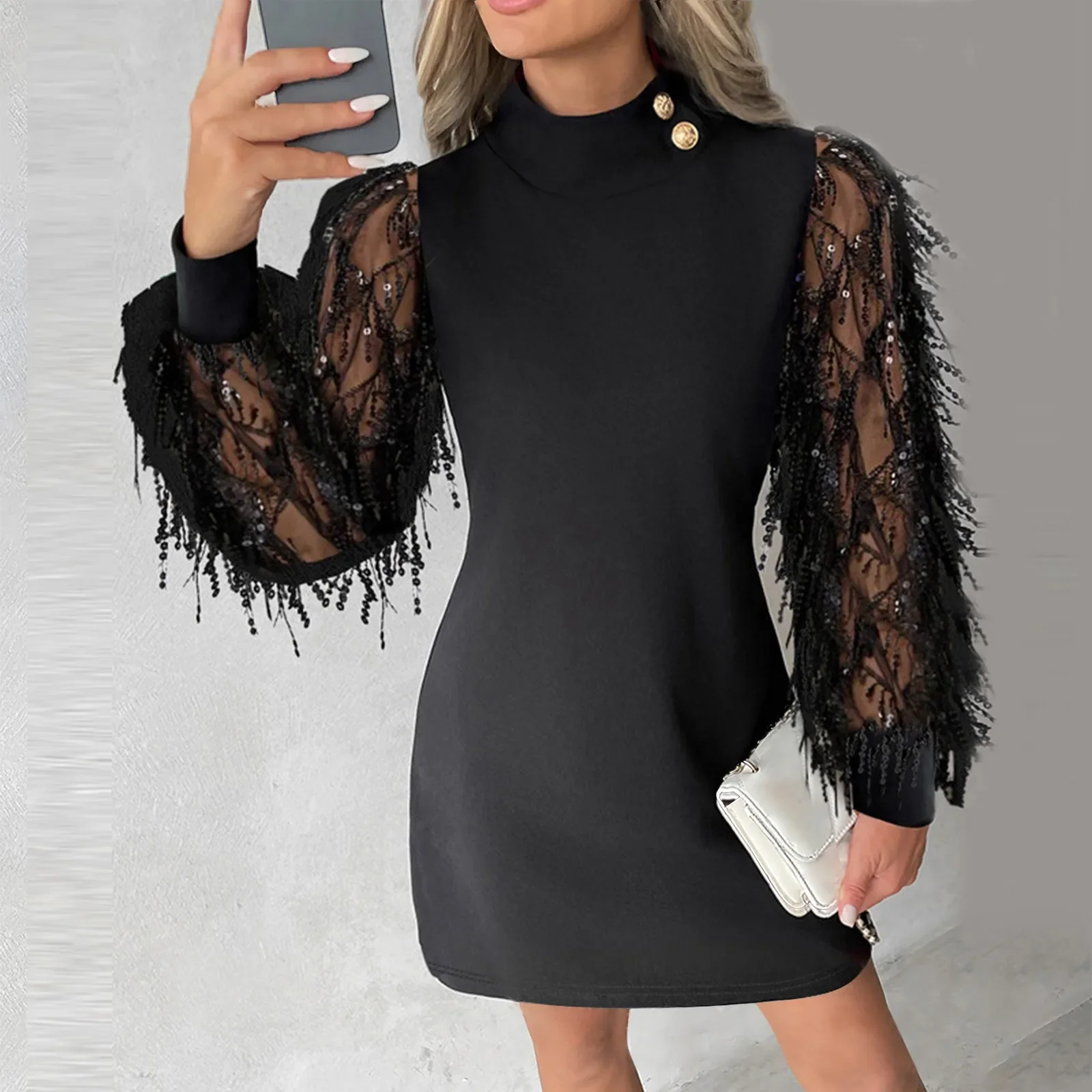 

Elegant Tassel Mesh Long Sleeve A-Line Dress Women Fashion O-neck Button Slim Party Dress 2024 Sexy Glitter Patchwork Mini Dress