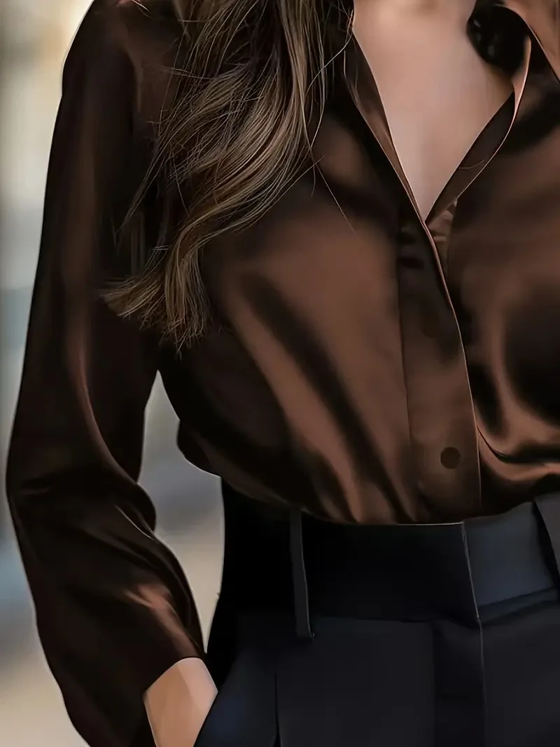 Kemeja Kerah Wanita Musim Semi dan Gugur 2025, Cardigan Kancing Cokelat, Atasan Hitam Elegan, Blus Kantor Fashion Dasar untuk Wanita