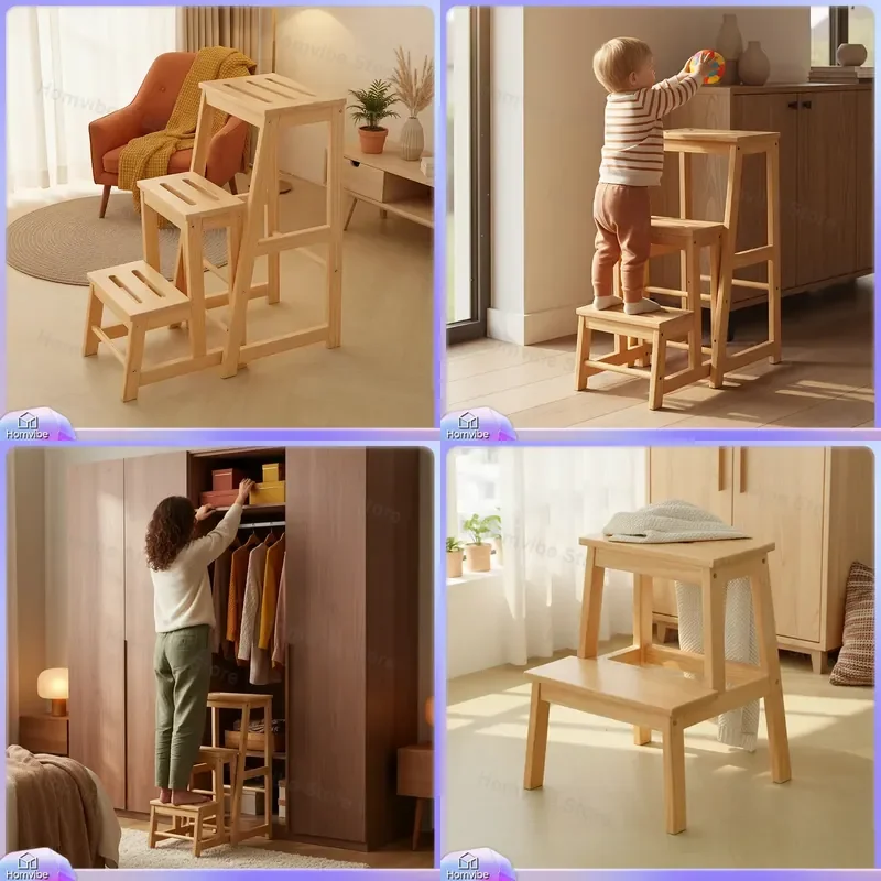 Solid Wood Folding Step Stool 3 Step Ladder Multi Functional Shelf Household Indoor Dual Purpose Ladder Stool Multi Layer