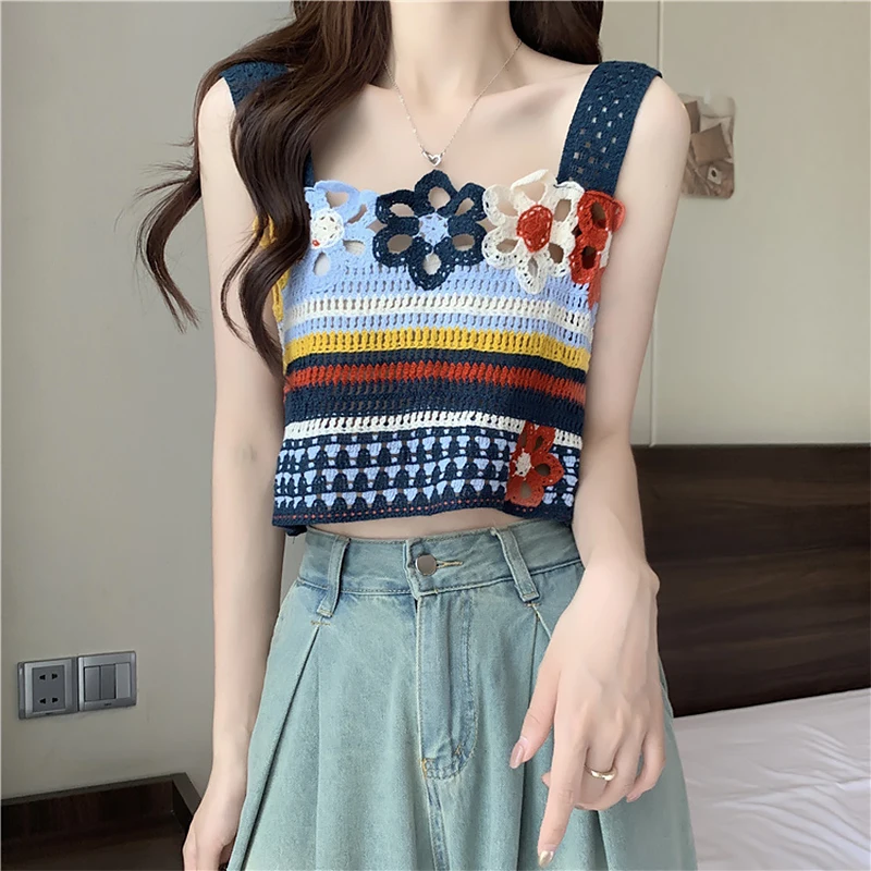 2Colors Women Retro Summer Flower Hollow Embroidery Square Collar Sleeveless Knitted Tank Top