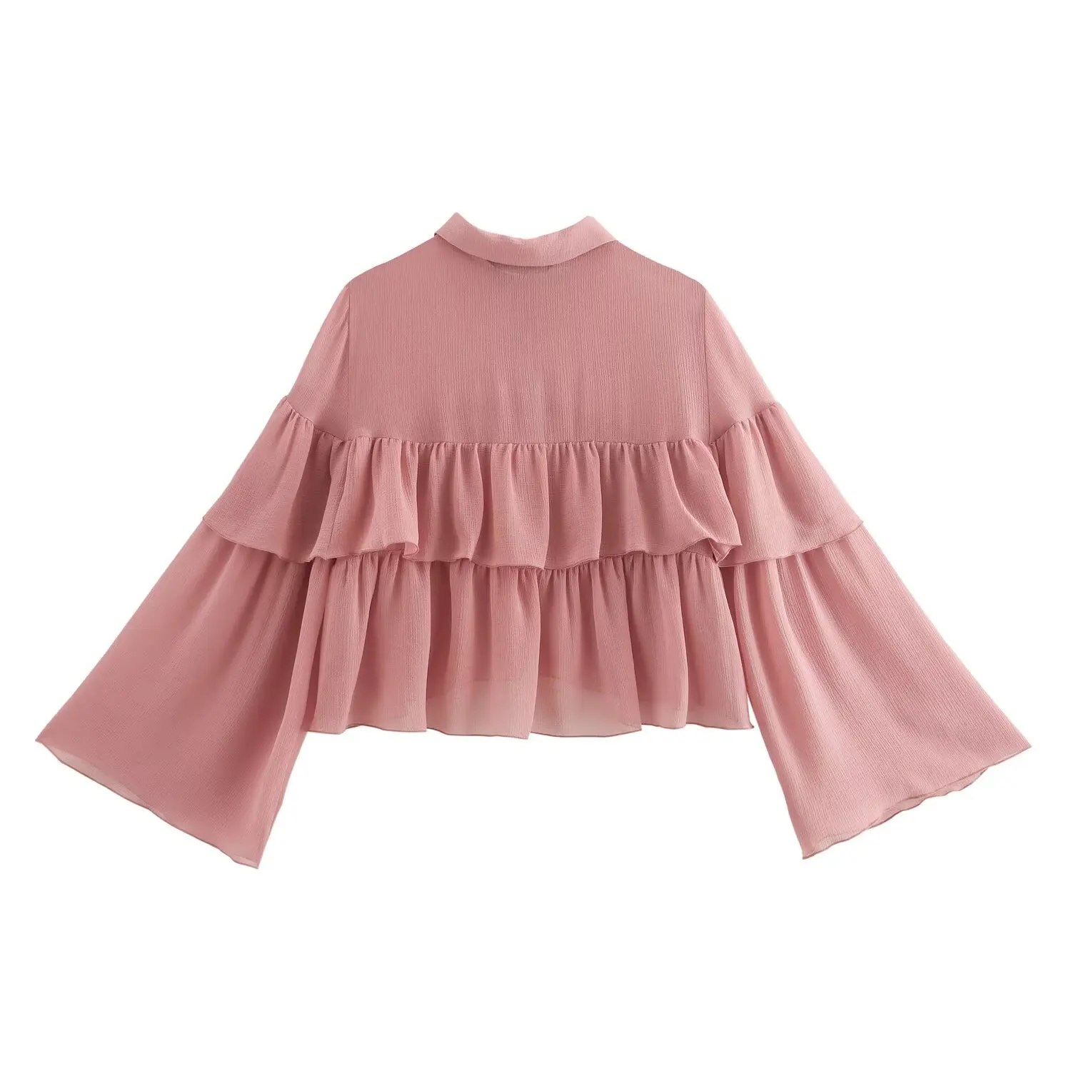 French Sweet Ruffled Shirt for Women Long-Sleeved Top Gentle Wind Short Commuter Temperament Pink New