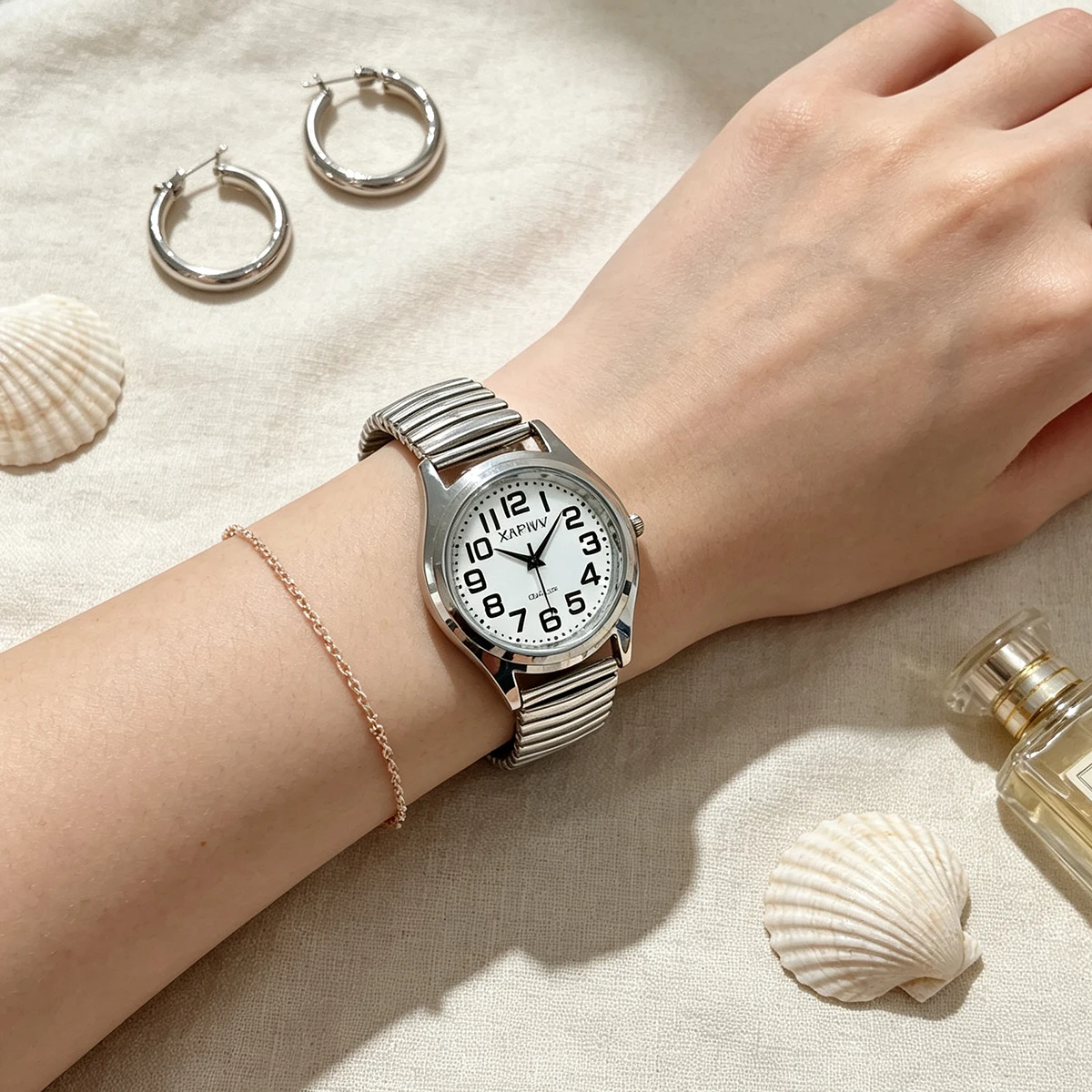 Simple Business Casual Couple's Watch with Elastic Strap and Arabic Numeral Dial, Quartz Watch for Men and Women