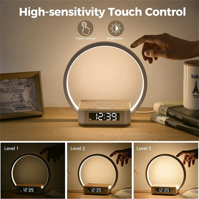 3 in 1 Wireless Rechargeable Touch Bedside Lamp With Alarm Clock Cell Phone Can Be Charged for Bedroom