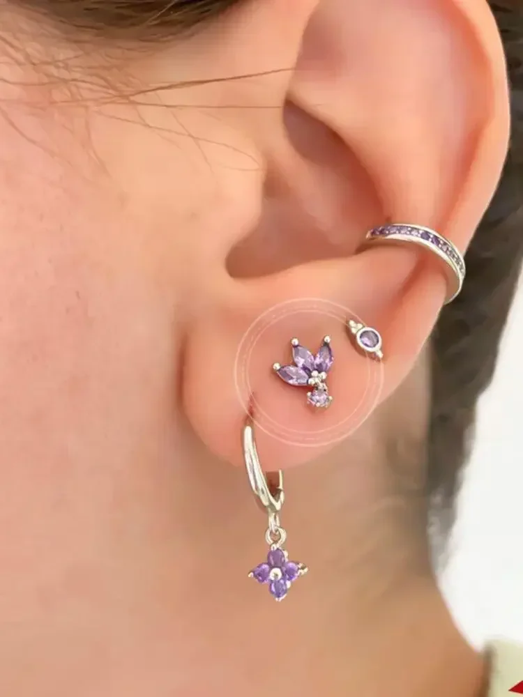 925 Sterling Silver Needle Luksusowe fioletowe kryształowe kolczyki w kształcie serca dla kobiet Geometryczne kolczyki z krzyżem Biżuteria modowa — zdjęcie 2