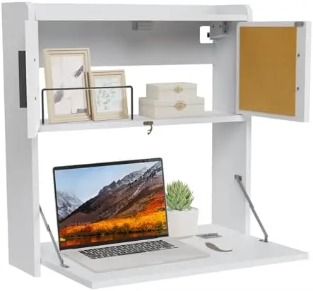

Wall Mounted Desk Multifunctional Fold Down Laptop Computer Table Writing Workstation with Compartments Space Saving for Offic