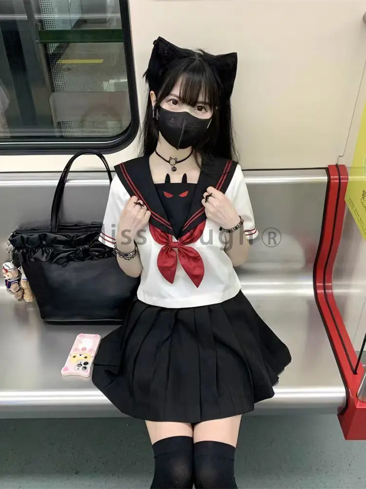 Sommer japanische adrette Stil 2 Stück Set Frauen drucken Bogen Top Plissee Minirock weiblich y2k Mode schick jk Streetwear Anzug neu