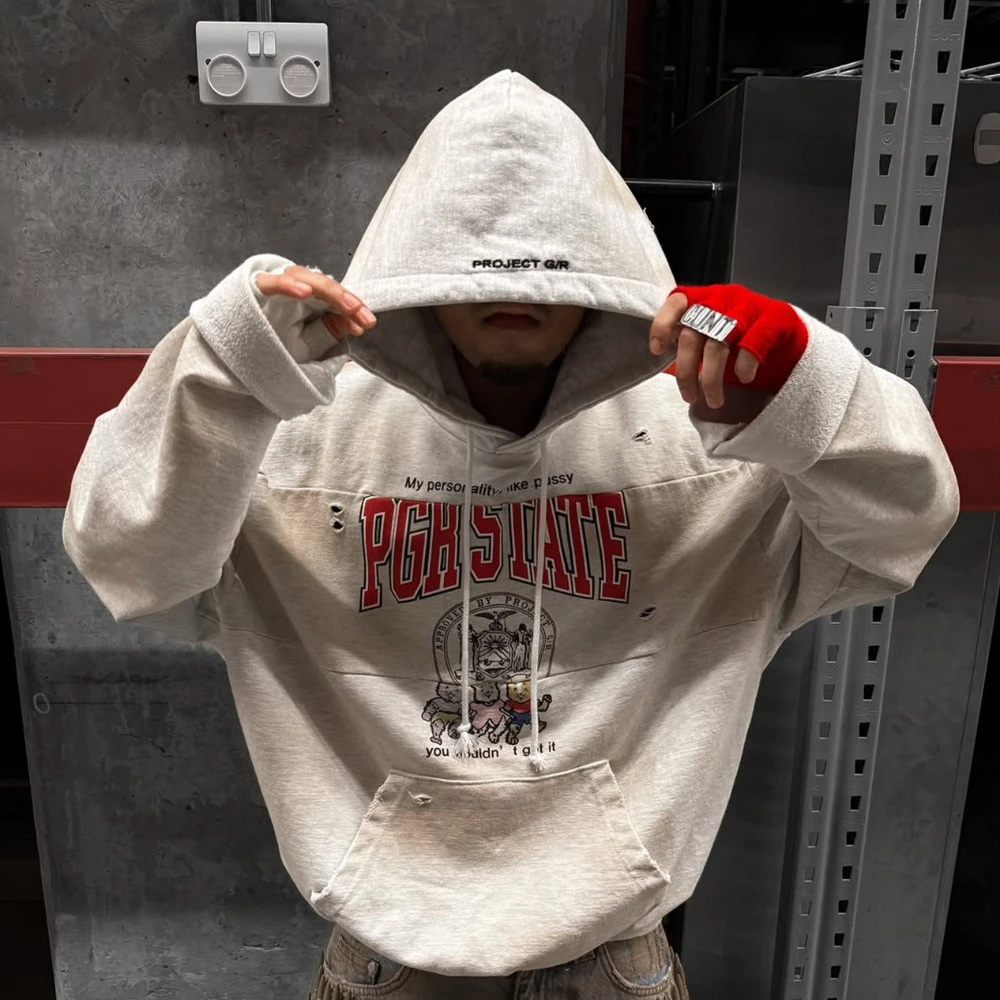 

Grailz Project G/R Premium 2026 New Distressed Frayed Patchwork Vintage Hooded Sweatshirt Oversized Jacket